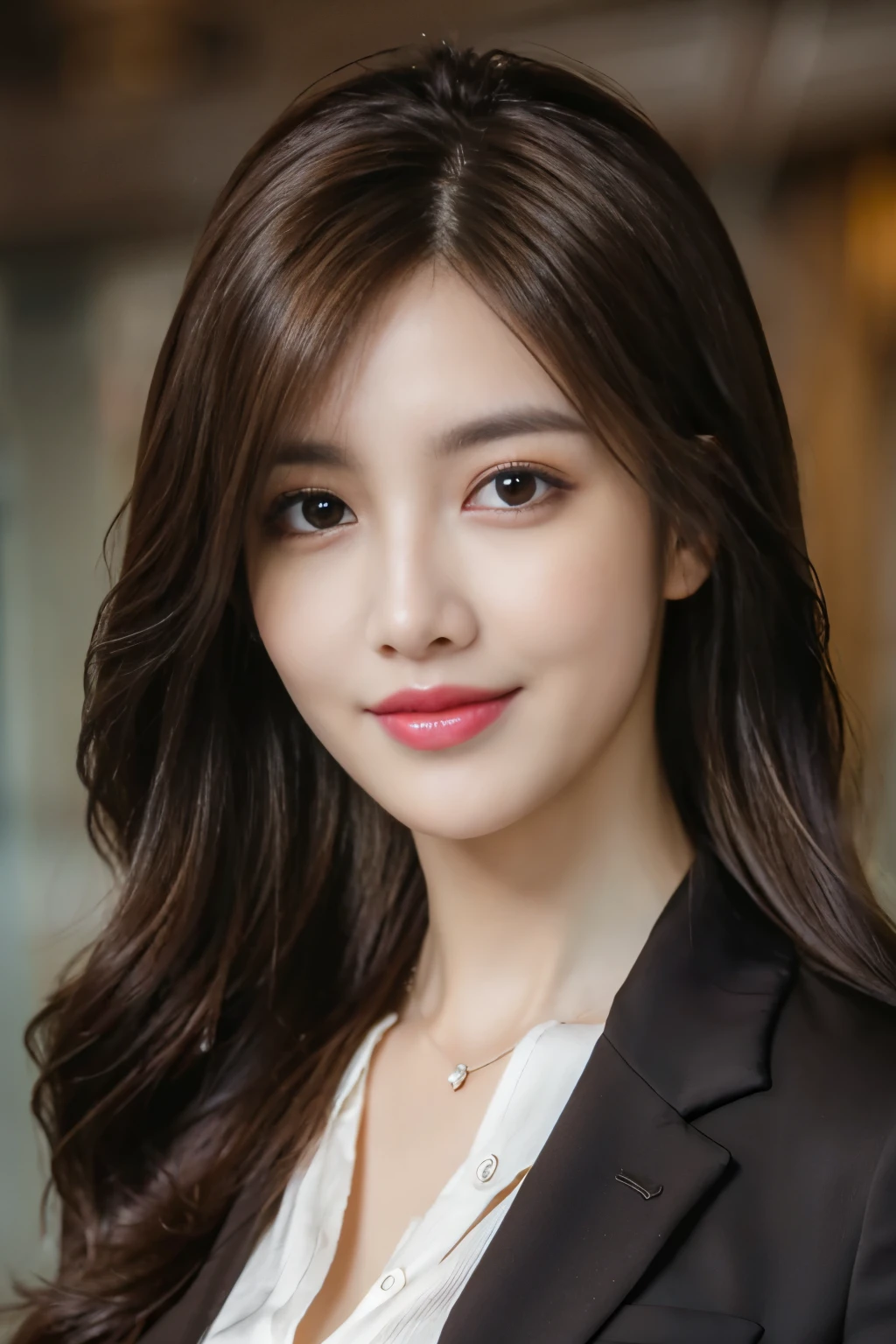 on the table, best quality, actual, super detailed, finely, High resolution, 8k wallpaper, 1 beautiful woman,, light brown messy hair, wearing a suit, sharp focus, Perfect dynamic composition, Detailed and beautiful eyes, fine hair, Detailed and actual skin texture, Smile, closeup portrait, model figure