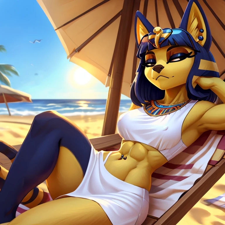 a digital artwork of ankha with abs wearing a crop top of her white sleeveless dress outfit with a bare midriff and a bare navel , digital art, ((perfect face)), ((best quality)), ((masterpiece)), she is relaxing on the beach with sunglasses, navel piercing 