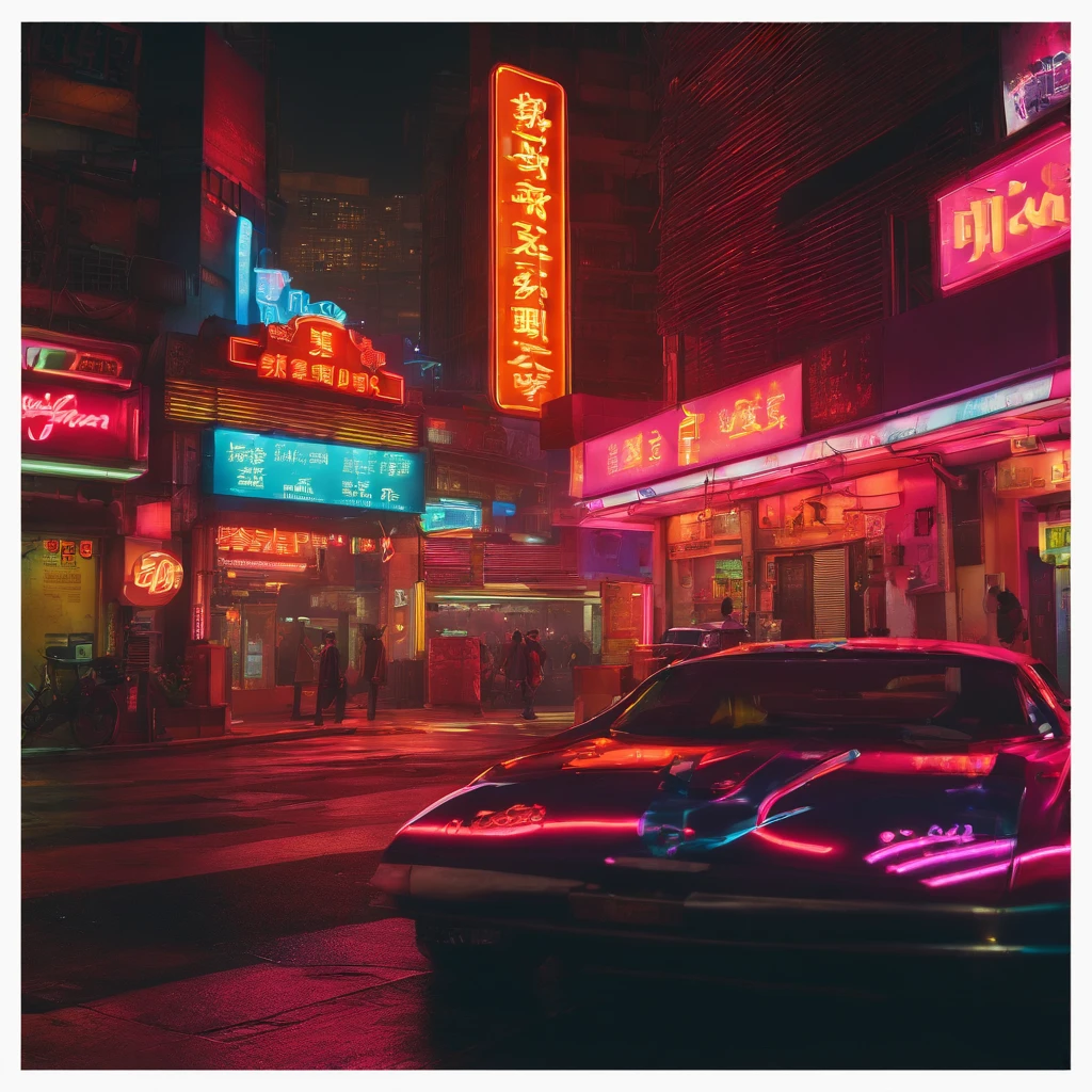 A bustling night scene in a restaurant, illuminated by vibrant neon lights. The atmosphere is reminiscent of Wong Kar-wai's iconic style, with neon lights casting a mesmerizing glow throughout the space. At the forefront, a vintage car is parked, adding a touch of charm to the scene. The neon lights above the shop create a dazzling display, capturing attention from passersby. The night footage showcases the dynamic energy of the city, with neon lights illuminating the surroundings. The neon lights at night perfectly capture the urban ambiance, creating a captivating visual experience. The overall scene is reminiscent of films like "Blade Runner" and "Chinatown," with the neon lights lending a futuristic and mysterious aesthetic. The colors are vivid and vibrant, enhancing the realism of the scene. The lighting is carefully designed, with a perfect balance between the neon lights and the surrounding environment. This prompt is aimed at generating a high-quality, 8k resolution image that captures the essence of a Wong Kar-wai-inspired night scene, showcasing the mesmerizing beauty of neon lights in a cityscape.