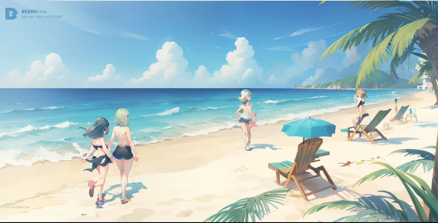 there are two people walking on beach near the water, stylized digital illustration, In a seaside setting, beach bar, beach scene, business illustration, Detailed 2D illustrations, digital illustration -, flat illustration, beach view, detailed digital illustration, digital illustration, digital illustration, gouache matte painting, digital illustration, beach, in style of digital illustration