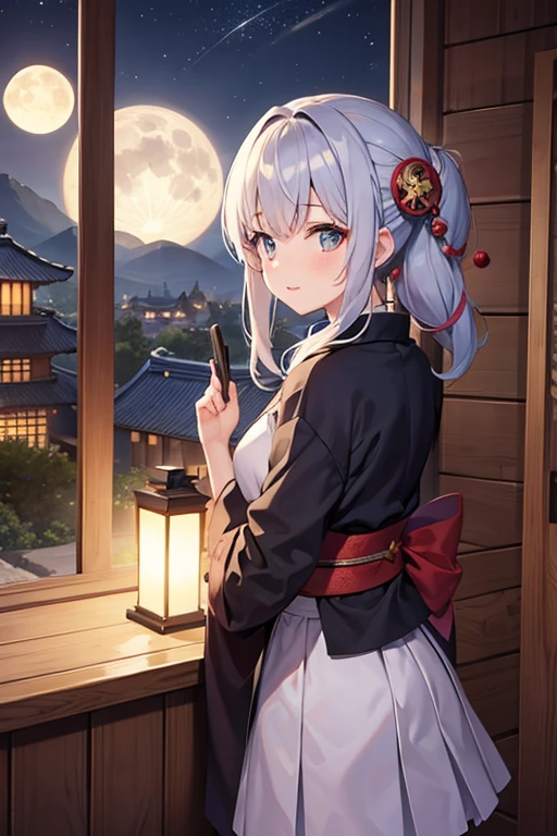(best quality, masterpiece, highres) 1girl, cute, historical ninja, historical Japanese buildings, city in the night, perched ontop of a roof, moon, night sky, stars