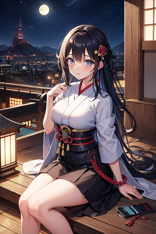 (Night:1.7), east asian architecture, 
sitting at attention,sitting on Tatami,
White_kimono,
black_hair, long_hair, hair_pulled_back,parted_lips,purple_eyes, braid,
1 girl, Manga,20yo,mature female,Beautiful Finger,Beautiful long legs,Beautiful body,Beautiful Nose,Beautiful character design, perfect eyes, perfect face,
looking at viewer,(innocent_big_eyes:1.0),(Light_smile:1.0),
official art,extremely detailed CG unity 8k wallpaper, perfect lighting,Colorful, Bright_Front_face_Lighting,
(masterpiece:1.0),(best_quality:1.0), ultra high res,4K,ultra-detailed,
photography, 8K, HDR, highres, absurdres:1.2, Kodak portra 400, film grain, blurry background, bokeh:1.2, lens flare, (vibrant_color:1.2)
(Beautiful,large_Breasts:1.4), (beautiful_face:1.5),(narrow_waist),