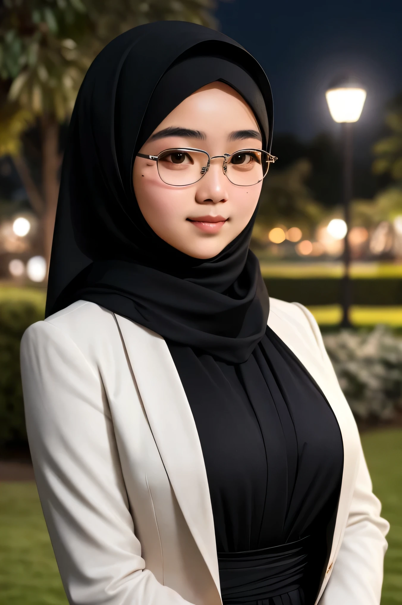 ((best quality)), ((masterpiece)), (detailed), perfect face Detailed face of half body photo. 16 year old Indonesian girl with a sweet chubby  face,  big  round face and  round glasses, wear a black  Long luxury long dress with white blazer  with black pashmina hijab Standing in luxury park on night