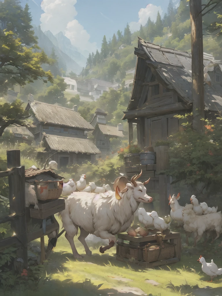 man, 欧洲middle Ages,farmer,in the forest,dim,Western dragon,farmer,livestock,animal,ox,sheep,dog,pig,Chicken and duck,farmland,village, Keep, outdoor, bird, arms, Sky, 云y Sky, animal, Keep arms, Western dragon, FOG, middle Ages,farmland,river,war