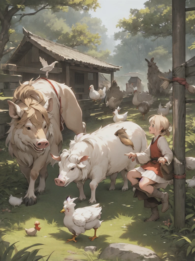 man, 欧洲middle Ages,farmer,in the forest,dim,Western dragon,farmer,livestock,animal,ox,sheep,dog,pig,Chicken and duck,farmland,village, Keep, outdoor, bird, arms, Sky, 云y Sky, animal, Keep arms, Western dragon, FOG, middle Ages,farmland,river,war