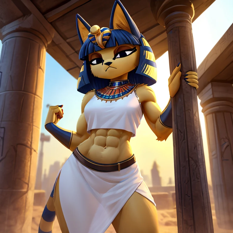 a digital artwork of ankha with abs wearing a crop top of her white sleeveless dress outfit with a bare midriff and a bare navel , digital art, ((perfect face)), ((best quality)), ((masterpiece)), fingers navel