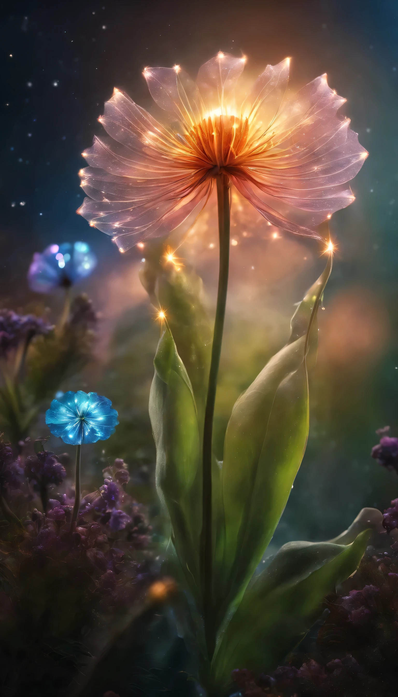 Kristallblume, Fantasie, galaxy, transparent, funkelnd, funkelnd, Leuchtenden, bunt, magische Fotografie, Beleuchtung dramatisch, Fotorealismus, ultradetailliert, 4k, Feldtiefe, high resolution, Biolumineszenzelemente