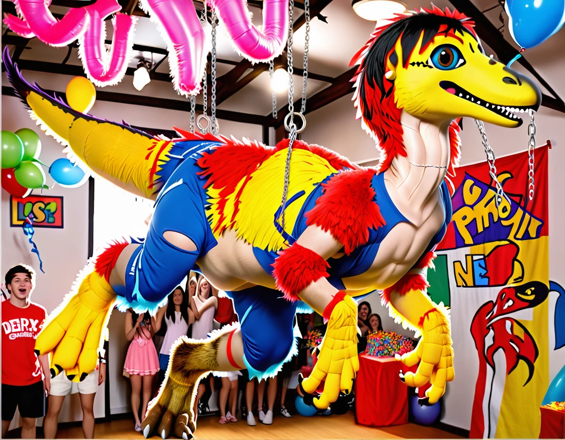 Ultra high resolution, best quality, masterpiece, (involuntary pinata transformation), mid transformation, (a shrunken, terrified, and aroused male human college boy deinonychus velociraptor piñata sexdoll hybrid at college frathouse party:1.9), (upperclassmen gather around in awe to watch you transform:1.65), (you shrink into a mere 2 feet tall and 3 feet long pinata:1.5), (you are hanging suspended in midair from the dorm ceiling by chains attached to your back, wrists, and ankles:1.95), (wearing loose baggy oversized muscle shirt and sweat pants:1.85), (human feathered deinonychus piñata partial hybridization:1.85), (the magic raptor pinata mask morphs and shrinks you into a deinonychus sexdoll piñata:1.6), ((black:1.6) (red:1.45) (pink:1.3) (azul:1.4) (platinum:1.4):2), (part human:1.55), (real life, photorealistic:1.8), (partial feralization:1.7), (NSFW:1.85), (pinata-fication suspension bondage transformation:1.5),