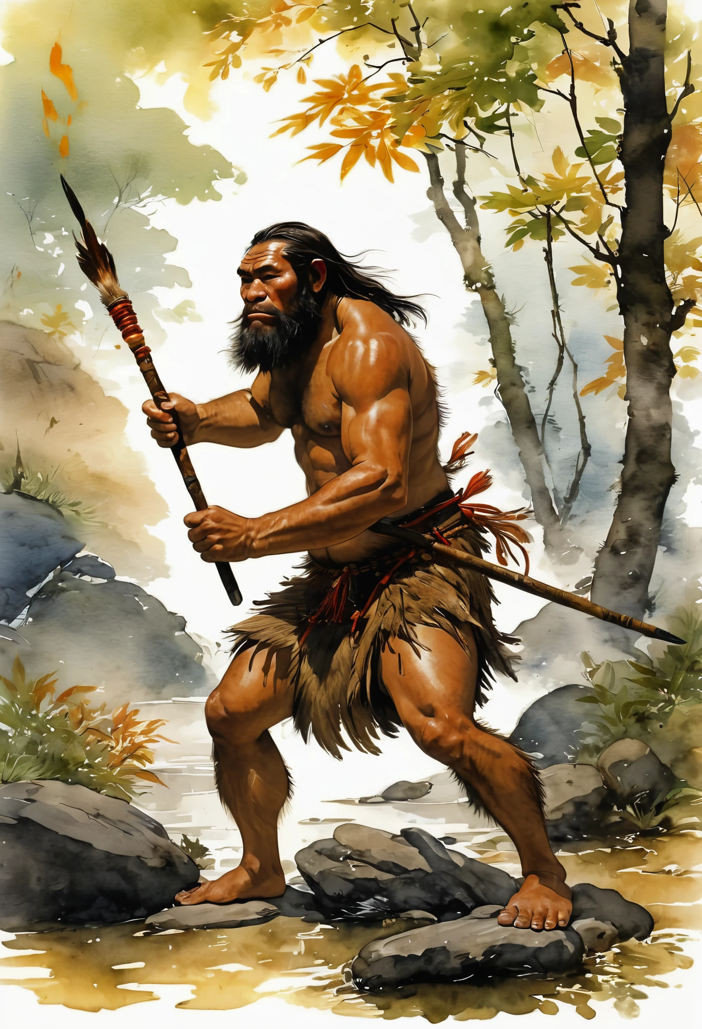 A painting，Neanderthal，Handheld fire stick，Fire rage。, Holding a spear, Wearing caveman clothes,  brandish fire, Amazon rainforest background，（ape man，Barefoot feet，Clothes made of leaves：1.3）author：Randolph Caldecott, (watercolor painting, masterpiece, line art, illustration art, Professional line art, Super complex and detailed, Chinese painting，8K:1.3)