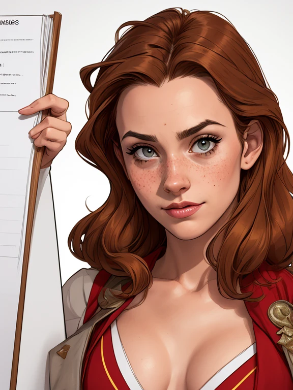 Character style illustration style Completely bare breasts showing small fear Breast size Cartoon name: Isabella Cruz white background medium breasts freckled face Hermione Granger actress strong contours Physical description - long straight hair, tingidos de um marrom vibrante que contrasta com sua pele clara. - You reflect a mix of curiosity and determination. - Ela tem uma estatura alta, with a slender and agile figure, evidenciando sua agilidade e destreza. -fundo colorido Design de personagens de retrato, beautiful digital illustration, retrato de alta qualidade, Arte em quadrinhos, Corpo inteiro sensualizando ou pelada. folha de retorno. return sheet member clothes of the day hell day expression love using sanserina and Harry Potter clothes 