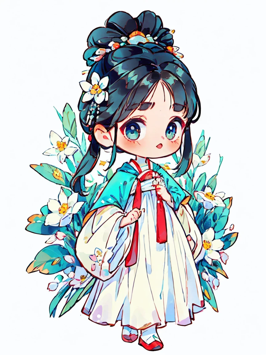 1 , Lovely,Q version girl,solo,Big head small body, the audience,black hair,hair accessories,long sleeves,white background,whole body,hair flower,bun,Butterfly,masterpiecet quality,best details,clear face,beautiful eyes,