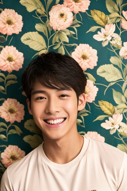 highest quality, masterpiece, 超A high resolution, (realistic: 1.4), original photo, wallpaper, Head photo, skin, simple background, black eye, detailed, Self snap, 1 boy, 25 years old, Handsome, breeze, Light of the sun, they want、room、T-shirt、素晴らしいHandsome男、cute、Central Department、fresh、Very tanned skin、laughter、Muscle Tissue Information