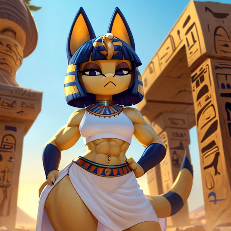 a digital artwork of ankha with abs wearing a crop top of her white sleeveless dress outfit with a bare midriff and a bare navel , digital art, ((perfect face)), ((best quality)), ((masterpiece)), hands on her hips, Egypt setting, navel piercing