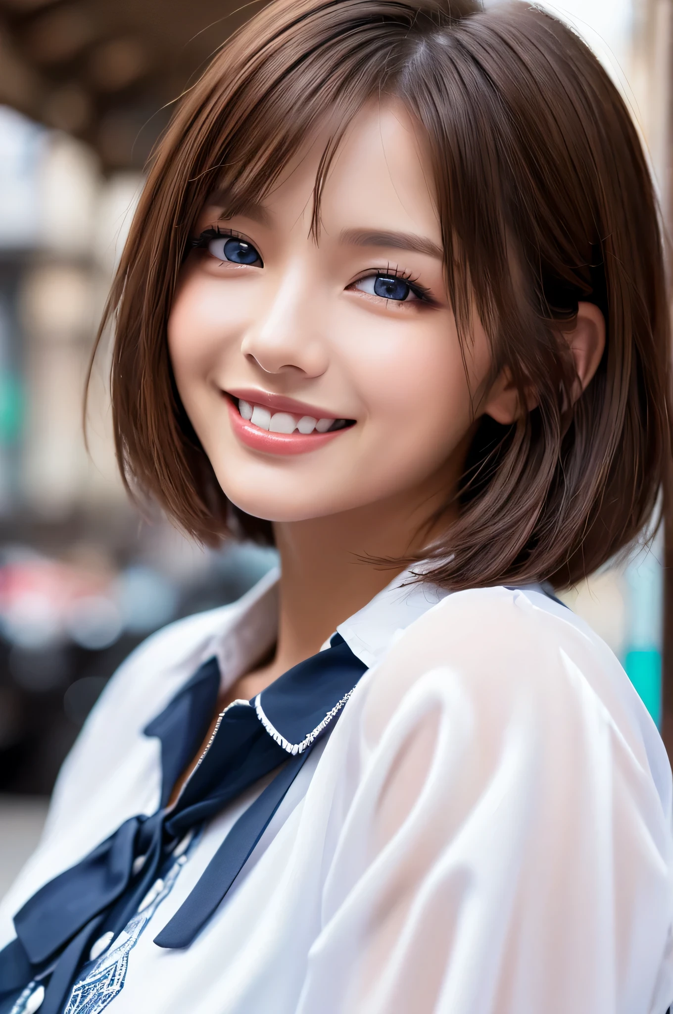 ((masterpiece)), ((best quality)), (ultra-detailed), ((kawaii)), cute, ((lovely)), (sexy), ((extremely detailed)), ((extremely detailed)), ((extremely detailed)), (detailed eyes), (detailed facial features), (detailed fingers), (detailed clothes features), 4K, (8K), (beautiful), illustration, (cowboy shot:1.3), city, town, a pretty woman, 1woman, 25 years old, japanese, (blouse:1.2), (beautiful deep brown hair:1.3), ((beautiful hair)), (short bob), beautiful blue eyes, ((beautiful eyes)), white teeth, (smile:1.3), shine with colored light, 