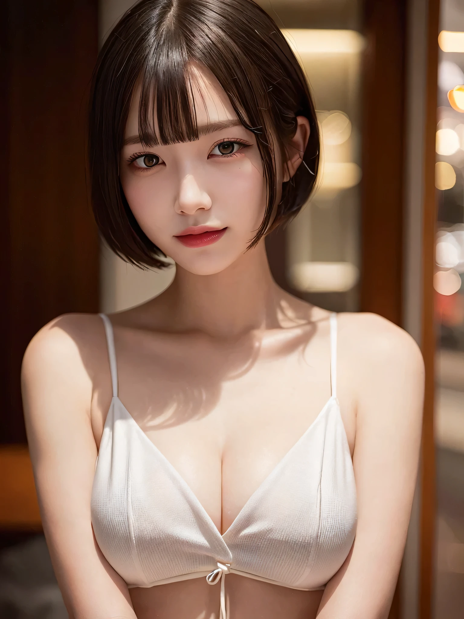 (8k), (best quality), (masterpiece:1.3), (realistic), (photorealistic:1.36), ultra-detailed, cinema lights,white bikini,smile,
1girl, solo, (((dark short cut hair with bangs))), (finely detailed beautiful amber eyes: 1.2),  lustrous skin, show Clavicle, perfect skin, (adult face:1.2), (medium_breasts:1.3),