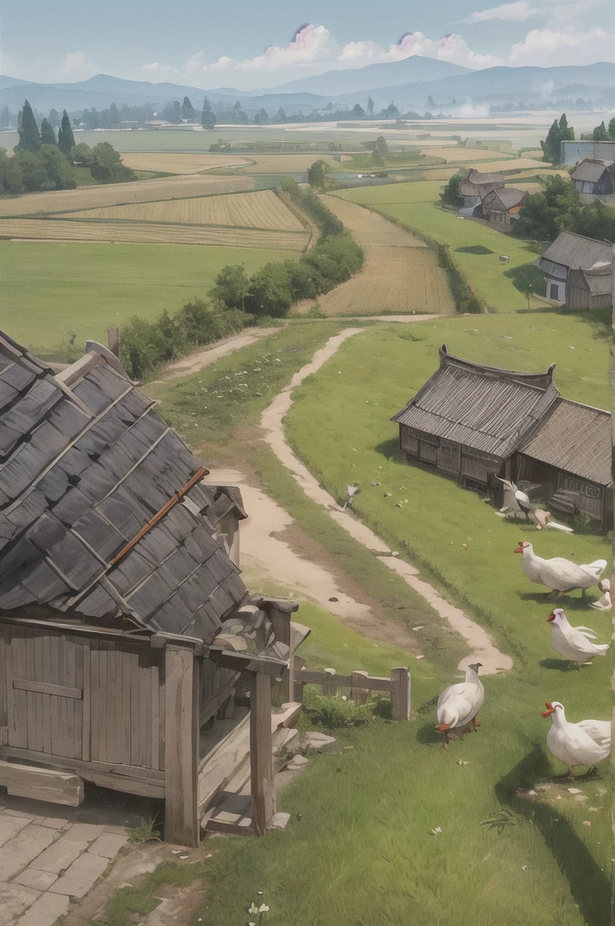 man, 欧洲middle Ages，farmer，dim，Western dragon，farmer,livestock，animal，ox，sheep，dog，pig，Chicken and duck，farmland，village， Keep, outdoor, bird, permanent, cloud,  arms, from behind, Sky, cloudy Sky, animal, Keep arms, Western dragon, monster, 1other, have, FOG,  middle Ages，farmland，river，war