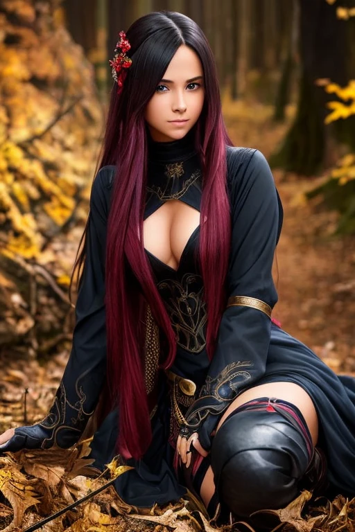 Busty,long hair,wearing long black boots,her hahair is maroon color,bright blue eyes,a bit tanned,wearing a knee length body hug red gown,with two swords behind.