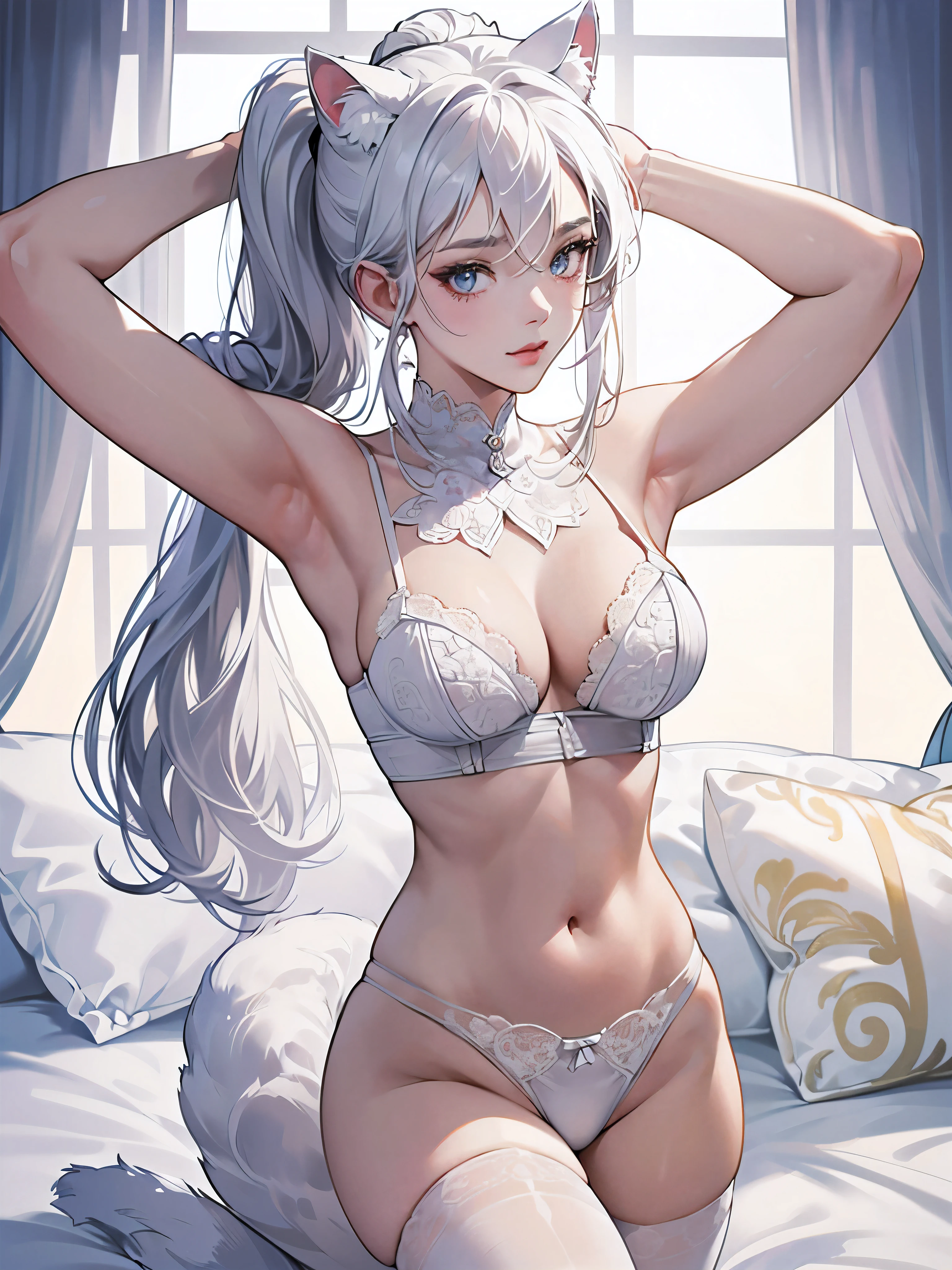 (Best picture quality,highly detailed,Body and facial contours 1.2),white lingerie,health body,large breasts, wide hips,Bedroom,face to the viewer,Long white ponytail hair,Wear white cat ears, (arms_behind_heads:1.2)