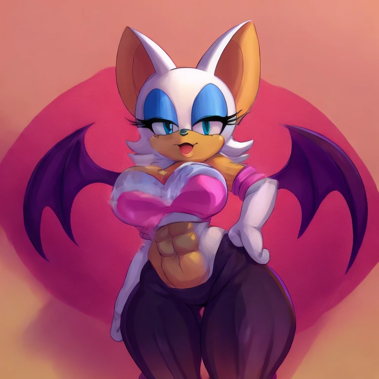a digital artwork of Rouge the bat with abs wearing a crop top of her original outfit with a bare midriff and a bare navel , digital art, ((perfect face)), ((best quality)), ((masterpiece)), she has a tan midriff