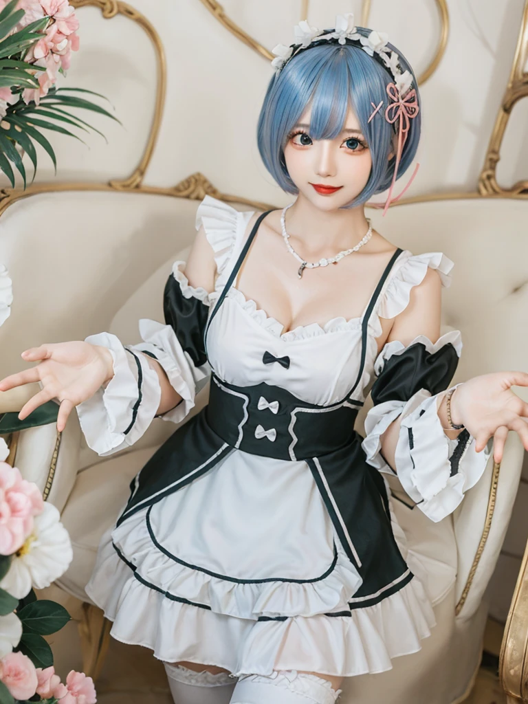 (8K, Photorealistic, Raw photo, of the highest quality: 1.3), (1girl in), Super beautiful, (Realistic face), (boyish, pink Color Berry Shorthair), Beautiful , Glare that captivates the viewer, Beautiful expression, Beautiful breasts, (Realistic skin), Be...Create a detailed and colorful image of Ram and Rem from Re:Zero, standing back-to-back in their maid outfits, with a magical fantasy background、14years old, two girls,cute, perfect face, beautiful, nice body, gothic lolita clothes, gothic lolita fashion, frilly skirt, headdress, necklace, bracelet, knee-high socks, boots, double eyelids, tear bags, Detailed down to the fingers, photo-like description, indoors, dim indoor lighting, one girl is pink hair and short bob, another girl is light blue hair and short bob,standing, sexy posing,whole body, composition that shows the whole body, smiling,The Both of them are wearing the same type of maid outfit,Optimal ratio of 4 fingers and 1 thumb