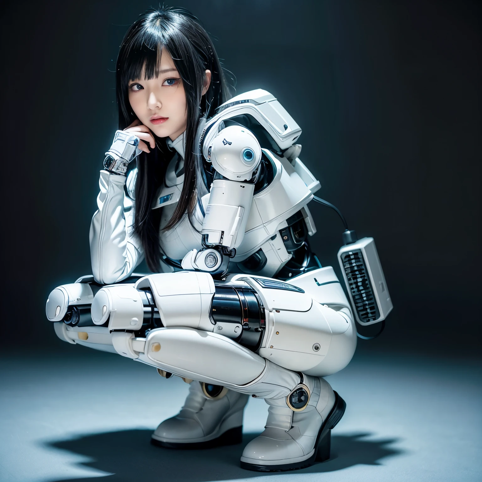 masterpiece, best quality(:1.2), extremely ultra detailed, Japanese android girl,Plump,control panels,Squat,Mechanical Hand,Robot arms and legs, black sponge joints,blunt bangs,white robot body,ceramic body,white long boots,perfect cyborg girl,charging spot,She is charging now,blue eyes, extremely ultra real texture, human-like skin, realistic hair, realistic metal texture, professional lighting, (RAWphoto), photorealistic