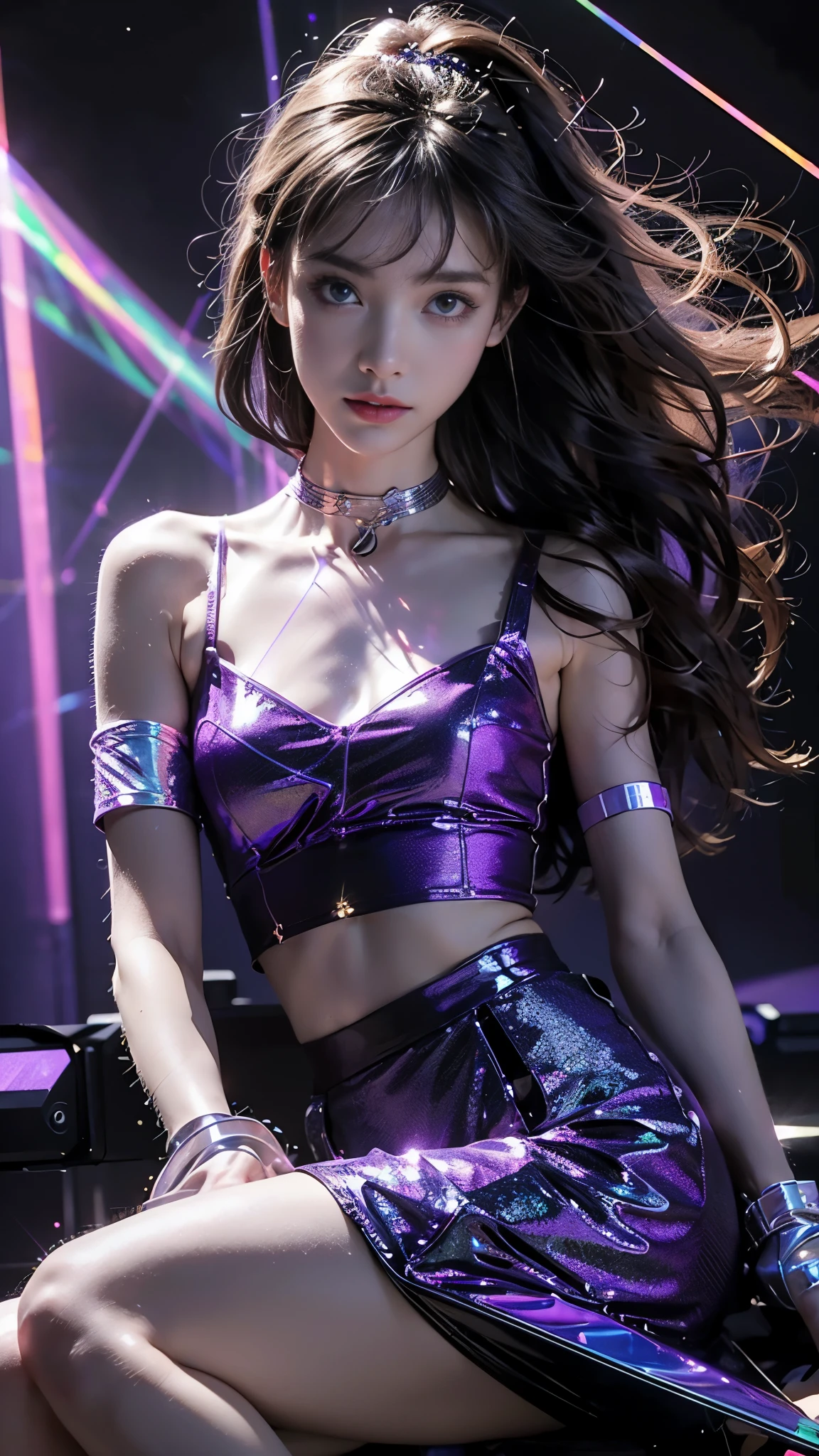 8K, ultra hd, masterpiece, 1 girl, (good face:1.4), detailed eyes, very long hair, impressive hairstyle, earings, necklace, small breasts, (glowing skirt outfit1.5), see-through, (purple laser outfit:1.5), Light-colored foundation brings out the skin, (in the dark:1.5), mystery, (laser lights:1.8), glowing lights, very decoration, The laser falls like water, perfect front body, sitting,