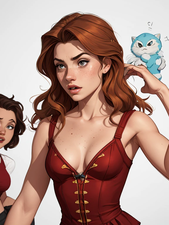 Character style illustration style Completely bare breasts showing small fear Breast size Cartoon name: white background medium breasts freckled face Hermione Granger and Luna actress strong contours Physical description - long, straight hair, tingidos de um marrom vibrante que contrasta com sua pele clara. - You reflect a mix of curiosity and determination. - Ela tem uma estatura alta, with a slender and agile figure, evidenciando sua agilidade e destreza. -fundo colorido Design de personagens de retrato, beautiful digital illustration, retrato de alta qualidade, Arte em quadrinhos, Corpo inteiro sensualizando ou pelada. folha de retorno. return sheet member clothes of the day hell day expression love using sanserina and Harry Potter clothes