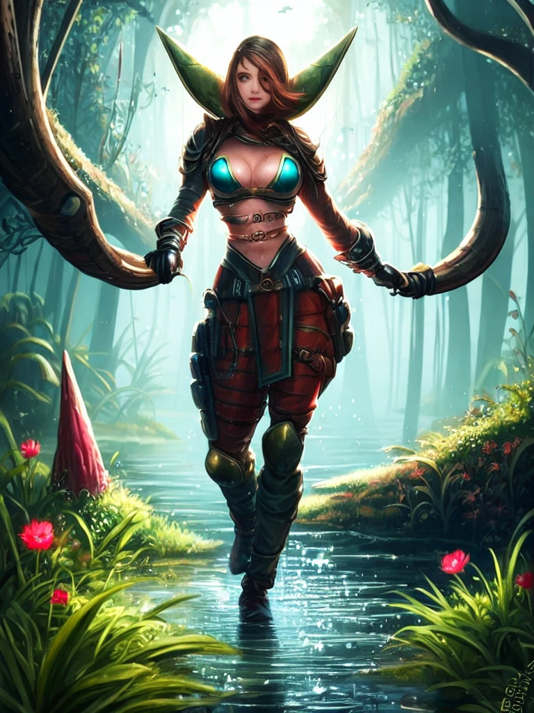 {masterpiece, highly detailed, detailed eyes, expressive detailed eyes, detailed pupils, a full body cartoon of a lonely solo mature human woman in a red armored biker suit, green eyes, brown hair, }
exploration on the surface an organic alien world, alien world, alien planet surface, inspired by talon IV surface of Metroid prime, talon IV surface, grey sky, dull, misty, overcast sky, rain, mountain, intricate environment - n 9, overgrown with nature, bioorganic nature, lush alien landscape, inside an alien jungle, scenery, flower, tree, nature, outdoors, water, downpour, cloudy sky, forest, grass, rock, standing, solo, moss, light particles, plant, flower, ruin of civilization alien, ruin of old civilization, a vestige alien structure in background, inspired by super Metroid illustration, full body, 80's movie style, alien, science fiction, science fiction concept art, Metroid prime concept art,