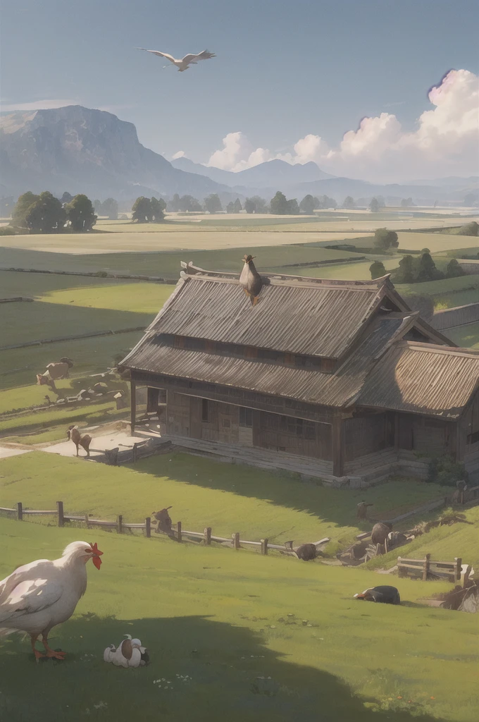 man, 欧洲middle Ages,farmer,dim,Western dragon,farmer,livestock,animal,ox,sheep,dog,pig,Chicken and duck,farmland,village, Keep, outdoor, bird, permanent, cloud, arms, from behind, Sky, cloudy Sky, animal, Keep arms, Western dragon, monster, 1other, have, FOG, middle Ages,farmland,river,war