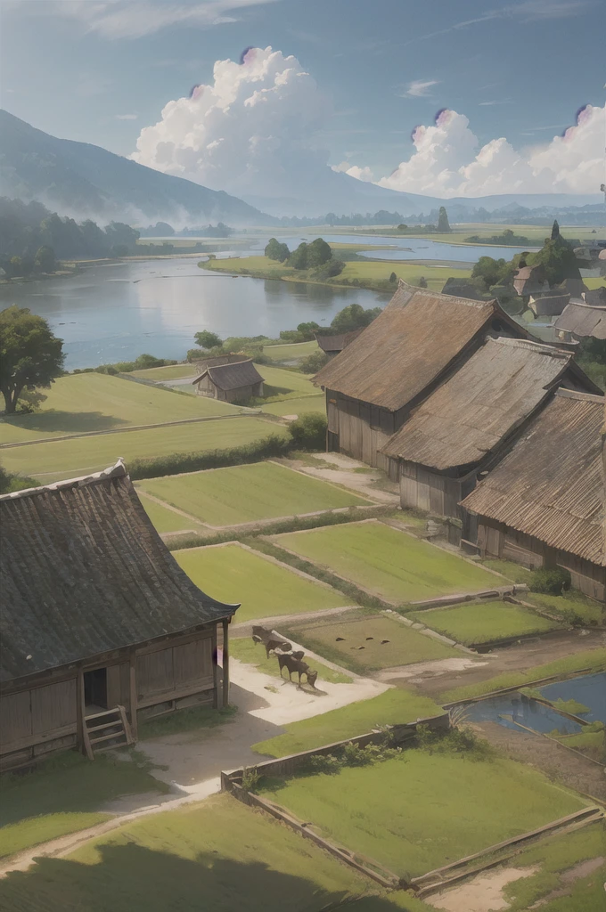 man, 欧洲middle Ages,farmer,dim,Western dragon,farmer,livestock,animal,ox,sheep,dog,pig,Chicken and duck,farmland,village, Keep, outdoor, bird, permanent, cloud, arms, from behind, Sky, cloudy Sky, animal, Keep arms, Western dragon, monster, 1other, have, FOG, middle Ages,farmland,river,war