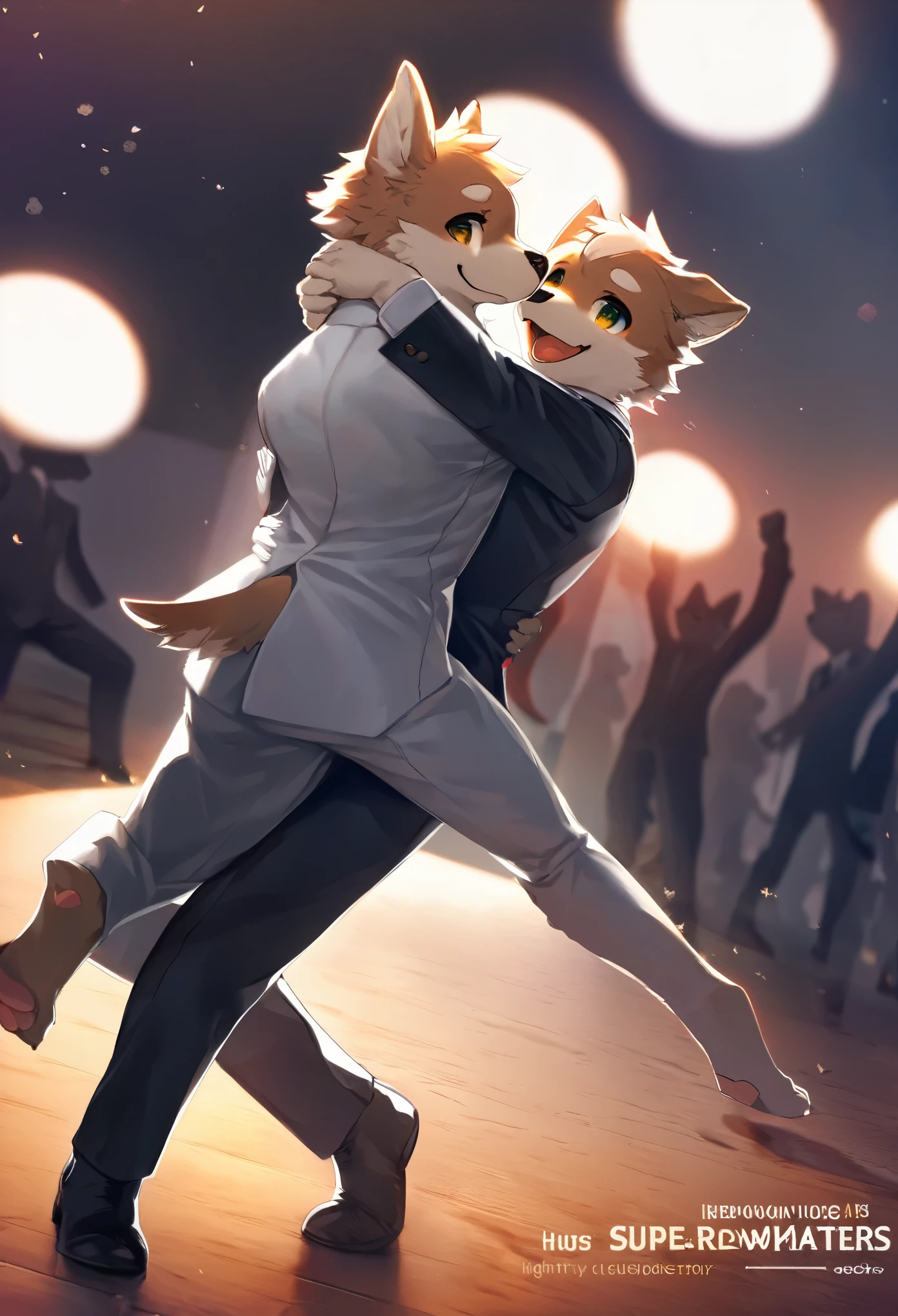 cover page, highres, top quality, best quality, paid reward available, unparalleled masterpiece, perfect artwork, absurdres, High-quality illustrations, super high resolution, detailed background, perfect anatomy(handsome 2boy, kemono, suits, furry anthro, Furry body, dog facial features, dog body features)standing, dancing, hugs, smile, happy, cinematic lighting,
