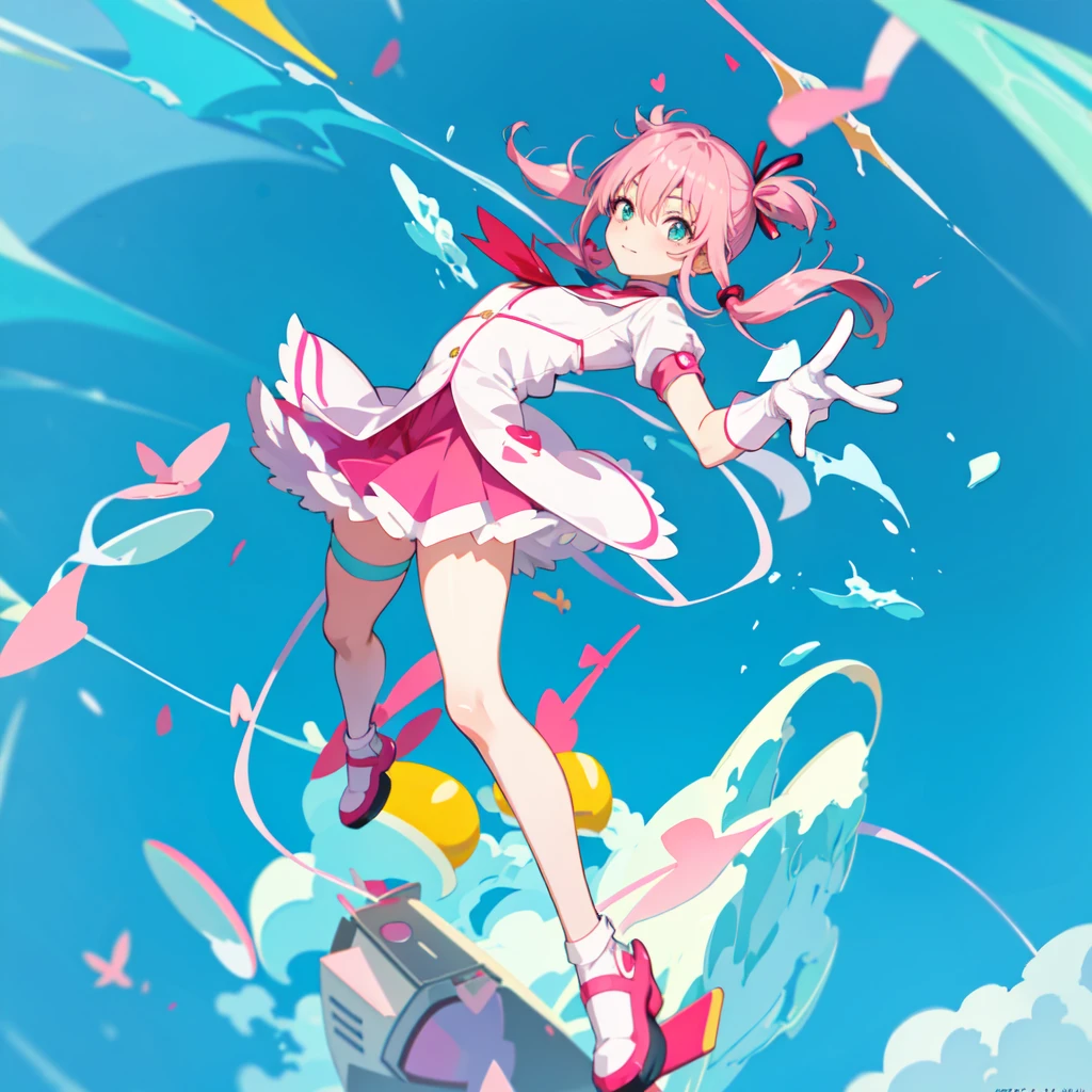 A cartoon depicting a girl wearing shoes and shoes, humanoid pink female squid girl, A wicked Valentine's, Works influenced by Leiko Ikemura, nyaruko-san, 2D anime style, 2D Art, 2D Art, 2D anime, haruno sakura, rorish, twin tails white_gloves