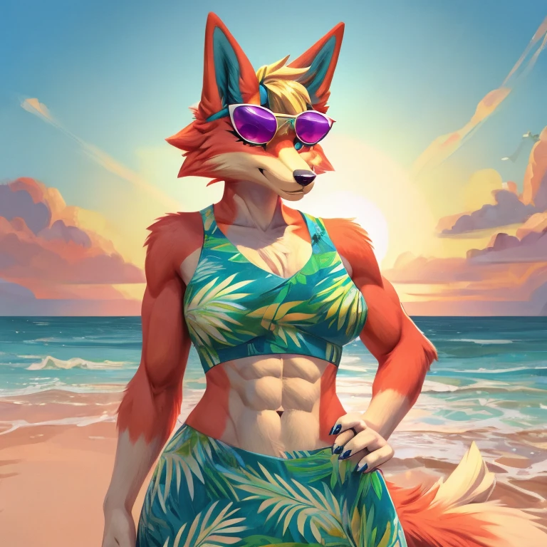 a digital artwork of audie with abs wearing a crop top of her  default Hawaiian dress  with a bare midriff and a bare navel , digital art, ((perfect face)), ((best quality)), ((masterpiece)), she has sunglasses on 