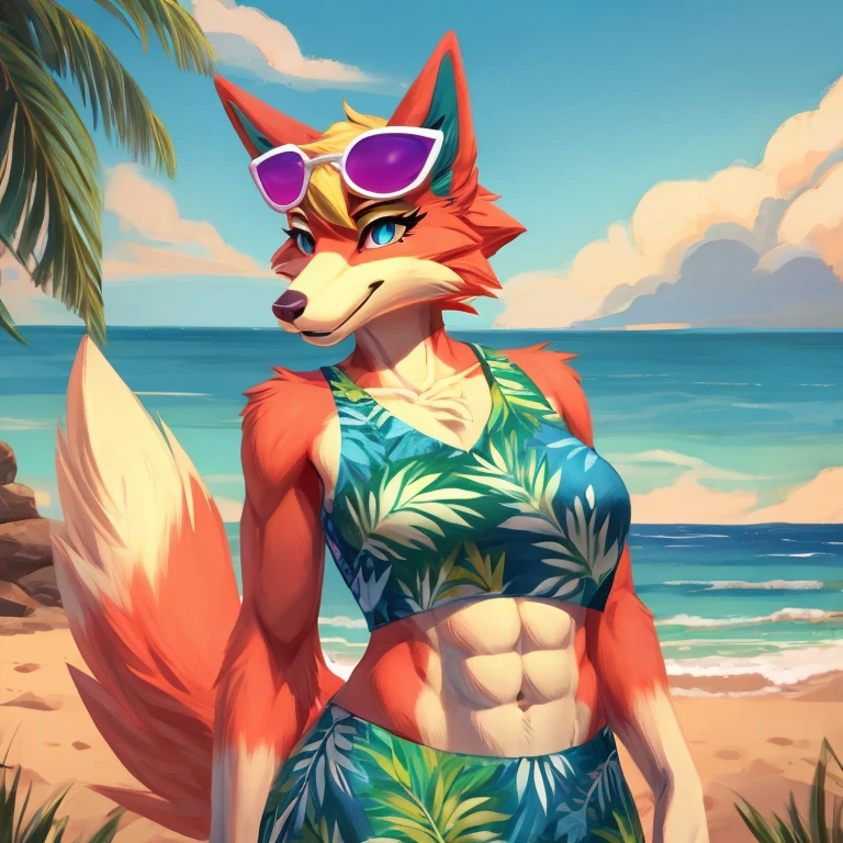 a digital artwork of audie with abs wearing a crop top of her default Hawaiian dress with a bare midriff and a bare navel , digital art, ((perfect face)), ((best quality)), ((masterpiece)), she has sunglasses on