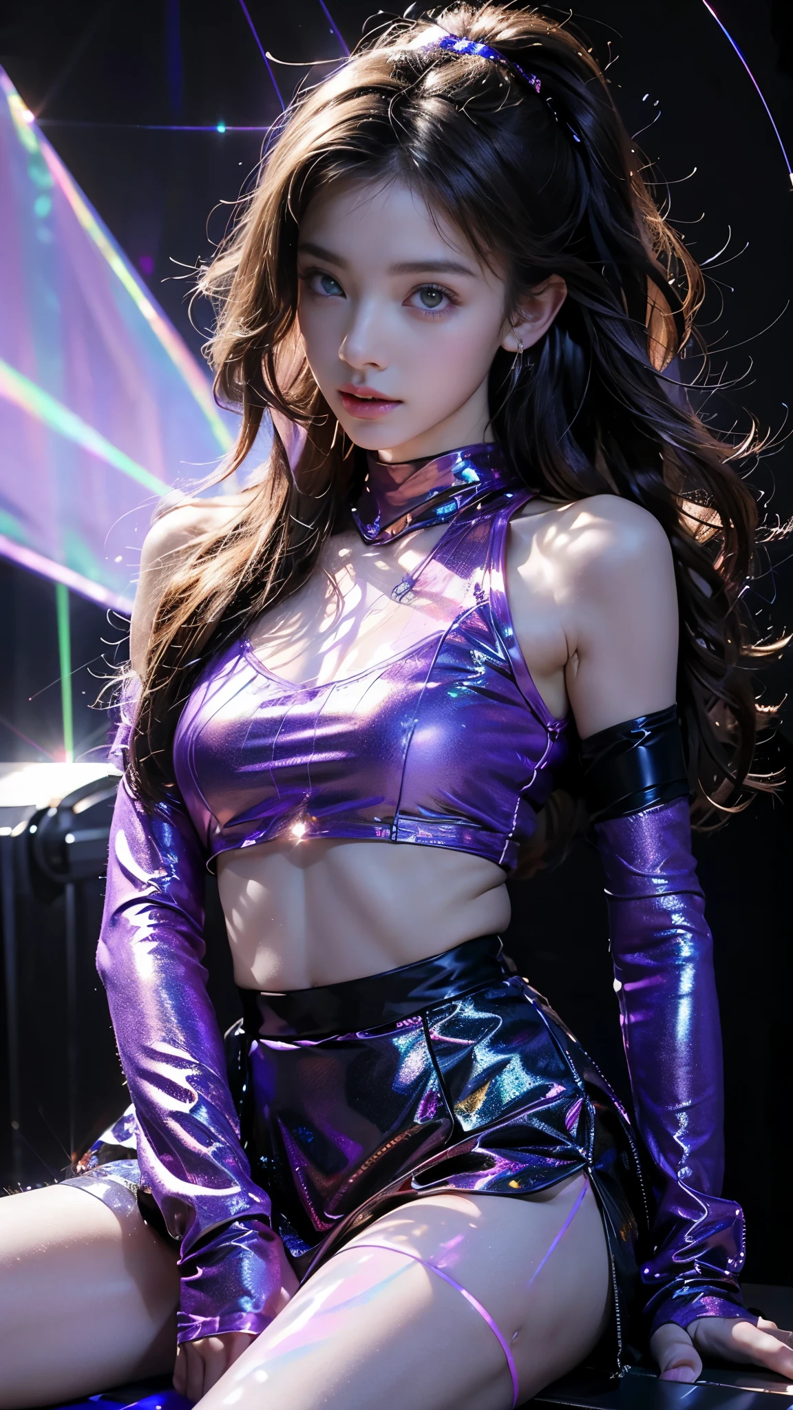 8K, ultra hd, masterpiece, 1 girl, (good face:1.4), detailed eyes, very long hair, impressive hairstyle, earings, necklace, small breasts, (glowing skirt outfit1.5), see-through, (purple laser outfit:1.5), Light-colored foundation brings out the skin, (in the dark:1.5), mystery, (laser lights:1.8), glowing lights, very decoration, The laser falls like water, perfect front body, sitting,