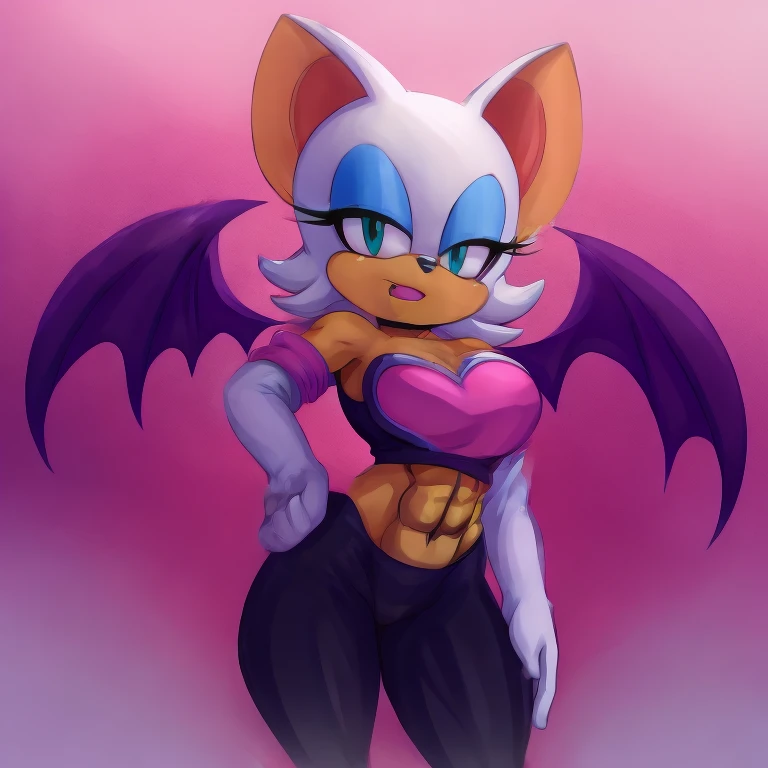 a digital artwork of Rouge the bat with abs wearing a crop top of her original outfit with a bare midriff and a bare navel , digital art, ((perfect face)), ((best quality)), ((masterpiece)), she has a tan midriff