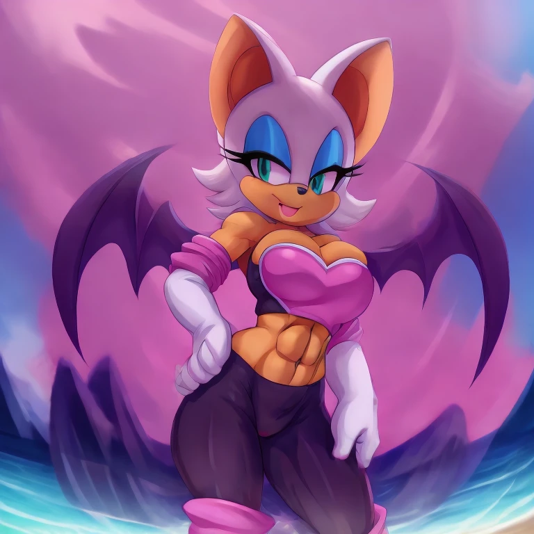 a digital artwork of Rouge the bat with abs wearing a crop top of her original outfit with a bare midriff and a bare navel , digital art, ((perfect face)), ((best quality)), ((masterpiece)), she has a tan midriff