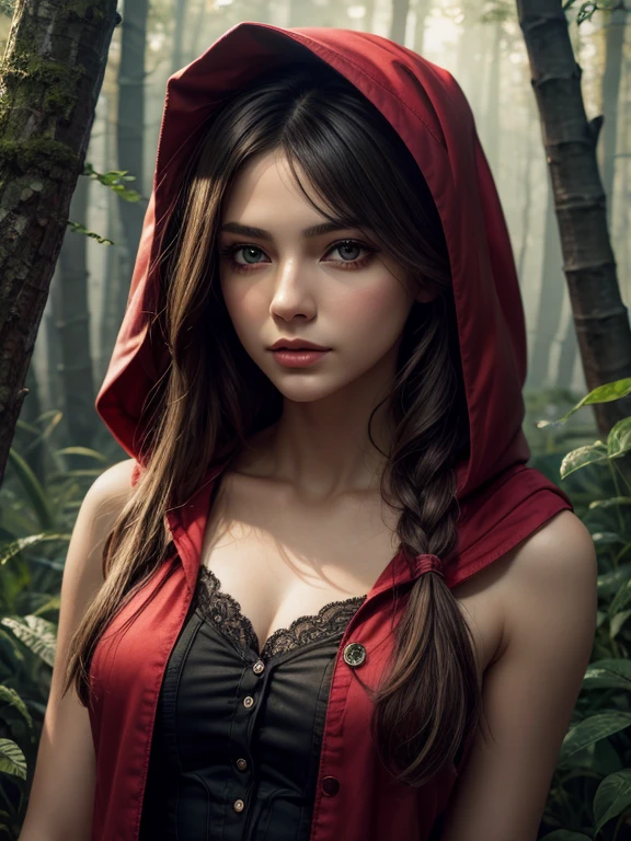 Oil painting of Adult ((Red Riding Hood)) [Woman:Maude Adams:0.1] character, ghostly white skin, charismatic look, perfect eyes, nostalgic, vintage, antique, Gabriel Pacheco style, soft, dreamlike, surrealism, tale forest background, intricate details, 3D rendering, octane rendering. Abstract background. Masterpiece of the best quality, high definition, 32k. By Monique Moro.