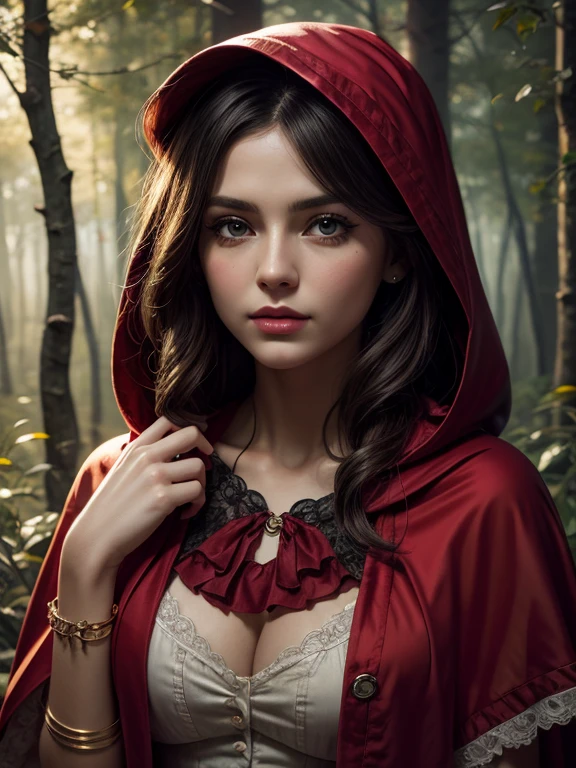 Oil painting of Adult ((Red Riding Hood)) [Woman:Maude Adams:0.1] character, ghostly white skin, charismatic look, perfect eyes, nostalgic, vintage, antique, Gabriel Pacheco style, soft, dreamlike, surrealism, tale forest background, intricate details, 3D rendering, octane rendering. Abstract background. Masterpiece of the best quality, high definition, 32k. By Monique Moro.