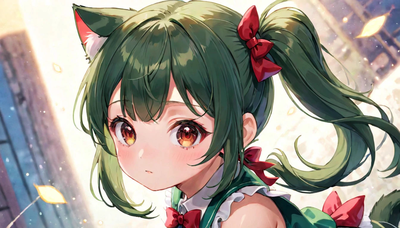 (masterpiece, best quality, very aesthetic, absurdres,general) , 1girl,cat ear, {{{short ponytail}}},Magical girl,{{child, Loli}},younger sister,cute,kawaii,,blunt bangs,short sideburns,dark green hair,brown eyes,red bow,Focus on the face, eye focus, Upward glance,fisheye