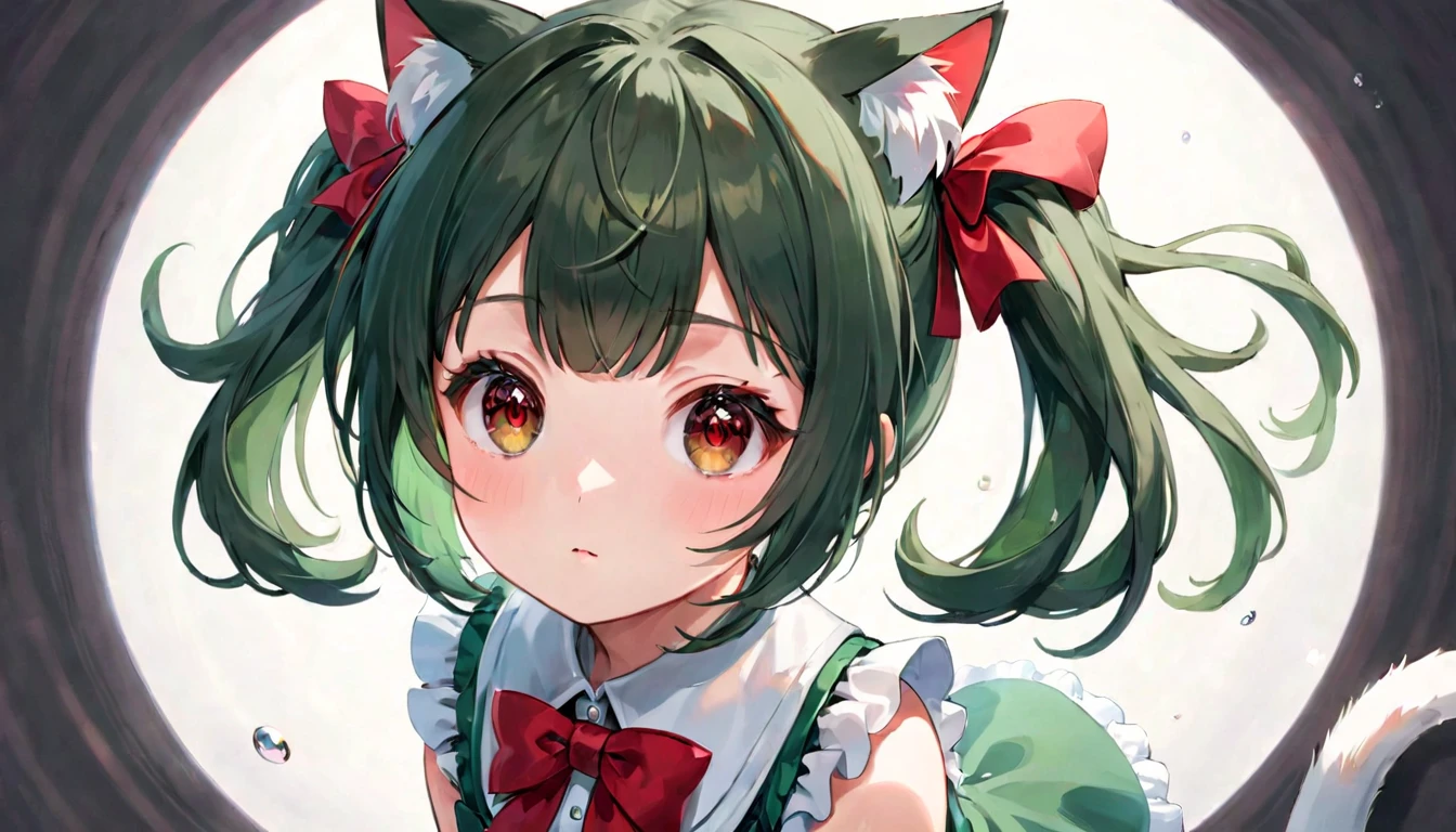 (masterpiece, best quality, very aesthetic, absurdres,general) , 1girl,cat ear, {{{short ponytail}}},Magical girl,{{, Loli}},younger sister,cute,kawaii,,blunt bangs,short sideburns,dark green hair,brown eyes,red bow,Focus on the face, eye focus, Upward glance,fisheye