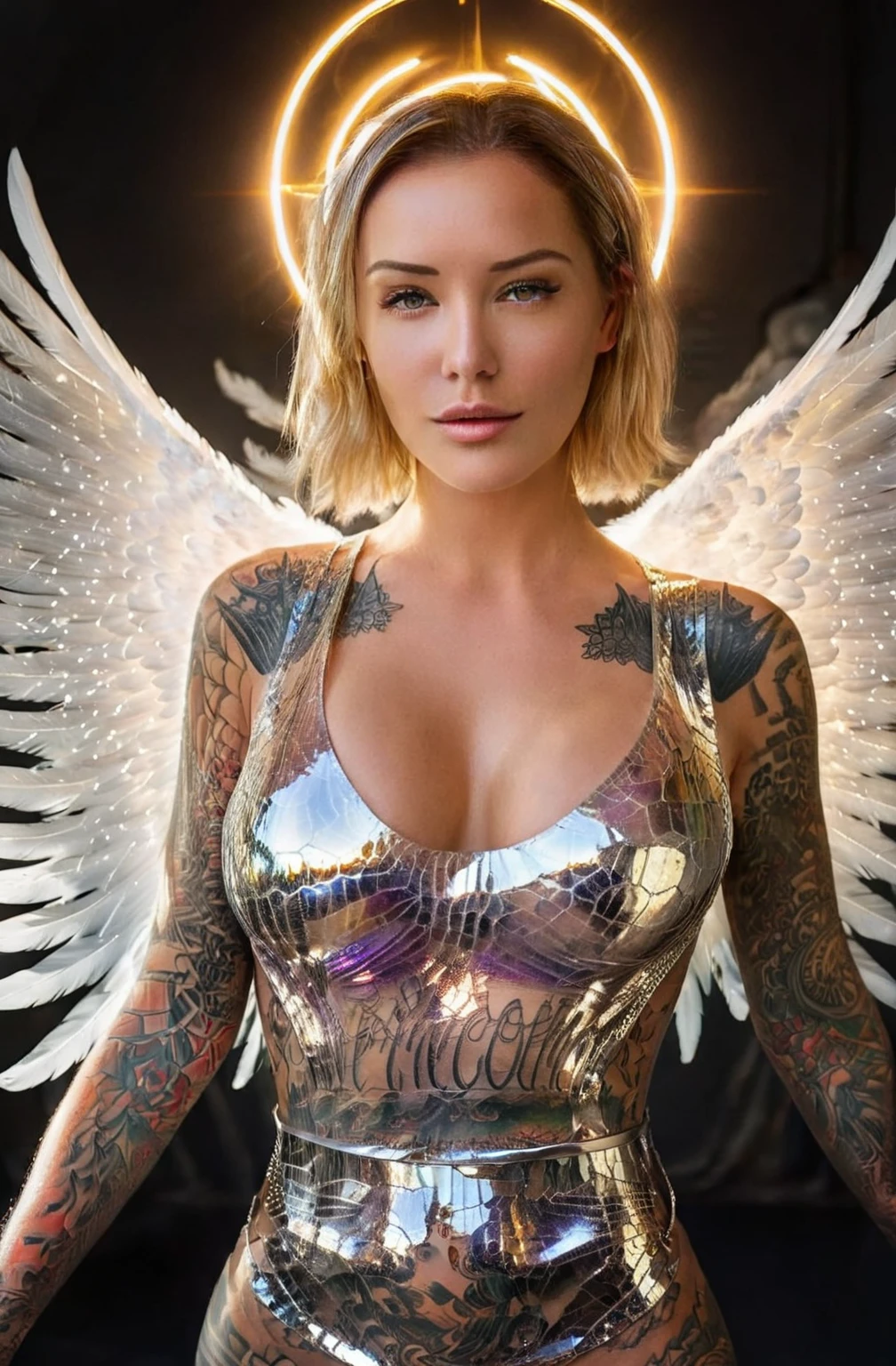 ultra-realistic, full body image, Laurence Bedard angel of Light, (radiating bright light), (haute couture dress made out of golden and silver iridescent reflective flowing prismatic photonic energy), she has a small divine halo made of pure light, her face is radiant like the sun, sci-fi, fantasy, supreme realism, detailed skin, macro details, cover photo, fascinating composition, sense of warmth, divine aura, sanctity, hard light, extremely beautiful grey eyes, her full body tattoo, DSLR, HDR10, digital photography, vibrant vivid prismatic iridescent colours, very sharp details, Canon EOS R5, ambient light, natural lighting, spot light, hero lights, award winning photography, masterpiece