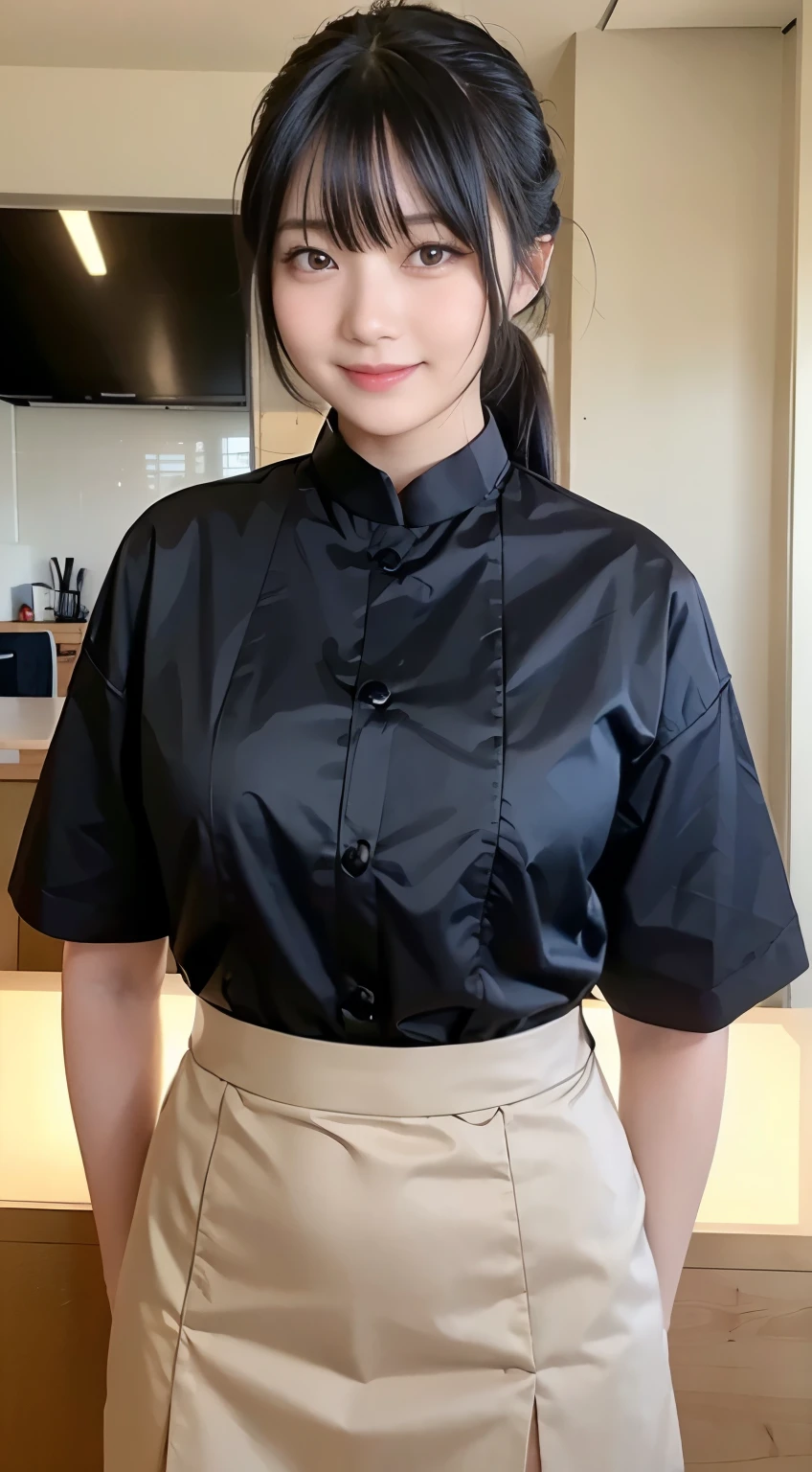 (highest quality,masterpiece:1.3,ultra high resolution,),(Super detailed,caustics),(Photoreal:1.4,RAW shooting,)ultra-realistic capture,very detailed,High resolution 16K human skin close-up。 natural skin texture、,The pores are、、、、Must be detailed enough to be easily identified。 Skin should look even-toned and healthy。 Use natural light and color,restaurant,waitress uniform,1 girl,Japanese,18-year-old,cute,black haired,ponytail,big breasts,smile,turn your body forward,(Front view:1.1),look at the camera,cowboy shot,