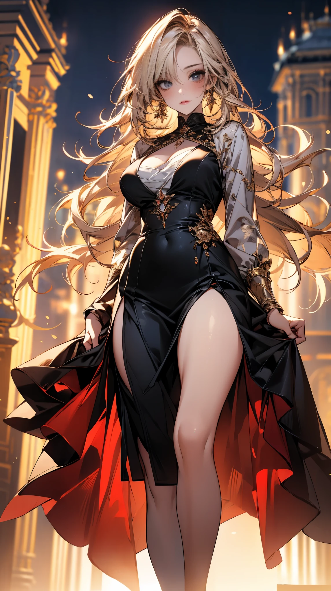 masutepiece, Best Quality, the Extremely Detailed CG Unity 8K Wallpapers, beauty queen costume, Long dark blonde wavy hair、gorgeous dress、Luxurious hair ornaments、Medium milk, Puffy nipple、Blushing, Shy laughter, Bare shoulders、sexy hips、high-heels、Luxurious magic wand and book、Church of the castle、sexy pose、(Poses that emphasize the buttocks)、Emphasis on the chest