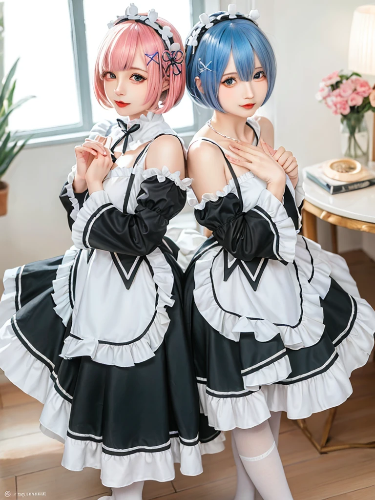 (8K, Photorealistic, Raw photo, of the highest quality: 1.3), (1girl in), Super beautiful, (Realistic face), (boyish, pink Color Berry Shorthair), Beautiful , Glare that captivates the viewer, Beautiful expression, Beautiful breasts, (Realistic skin), Be...Create a detailed and colorful image of Ram and Rem from Re:Zero, standing back-to-back in their maid outfits, with a magical fantasy background、ars old, two girls,cute, perfect face, beautiful, nice body, gothic lolita clothes, gothic lolita fashion, frilly skirt, headdress, necklace, bracelet, knee-high socks, boots, double eyelids, tear bags, Detailed down to the fingers, photo-like description, indoors, dim indoor lighting, one girl is pink hair and short bob, another girl is light blue hair and short bob,standing, sexy posing,whole body, composition that shows the whole body, smiling,The Both of them are wearing the same type of maid outfit,Optimal ratio of 4 fingers and 1 thumb