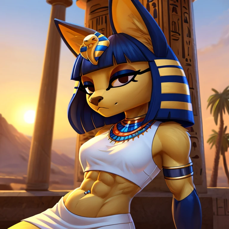 a digital artwork of ankha with abs wearing a crop top of her white sleeveless dress outfit with a bare midriff and a bare navel , digital art, ((perfect face)), ((best quality)), ((masterpiece)), sideview, Egypt setting, navel piercing