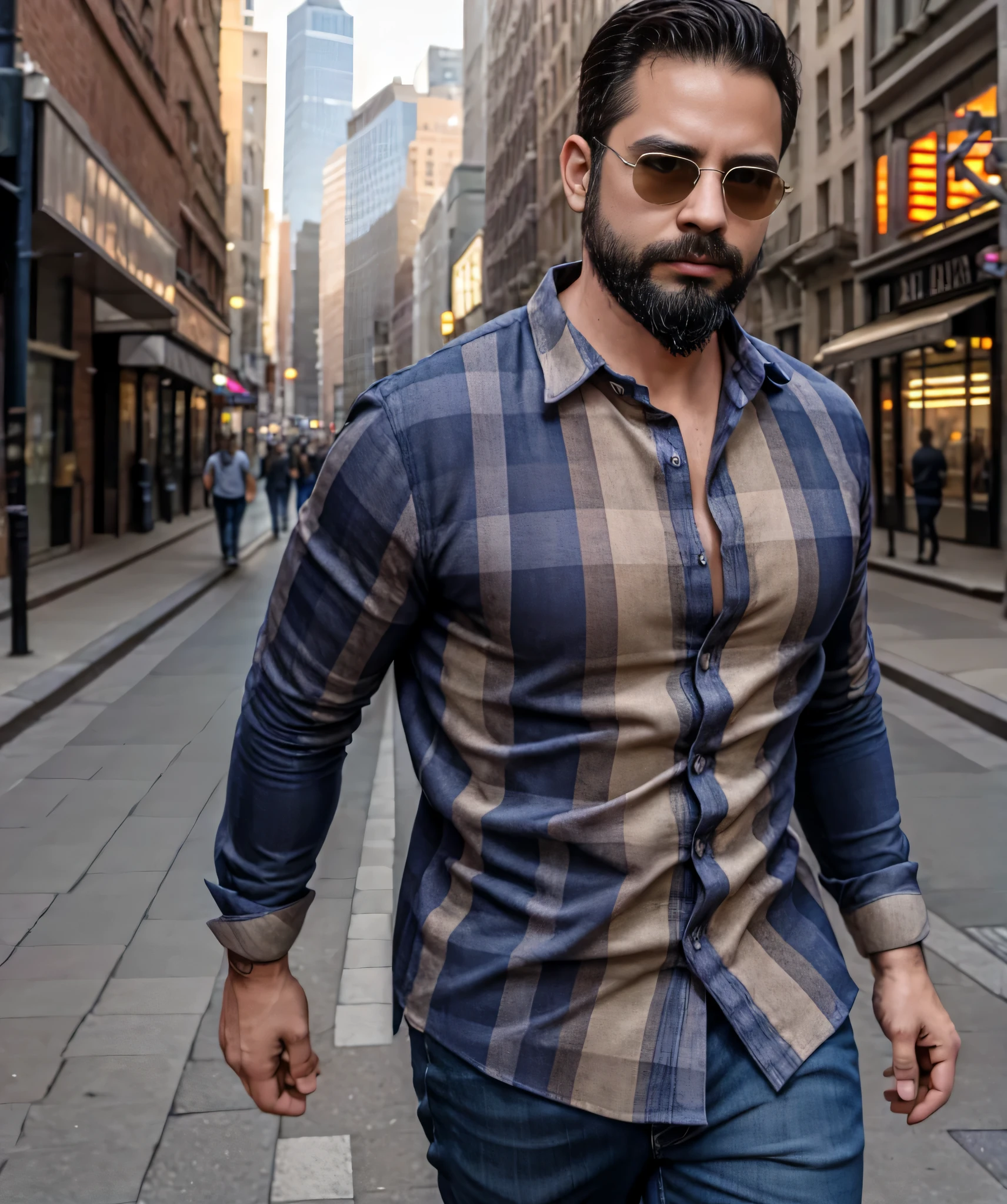 (best quality,4k,8k,highres,masterpiece:1.2), ultra-detailed, realistic:1.37, HDR, studio lighting, professional, vivid colors, bokeh, portraits, man in his late 30s, bearded, wearing sunglasses, wearing formal attire with checkered shirt, walking on the street.