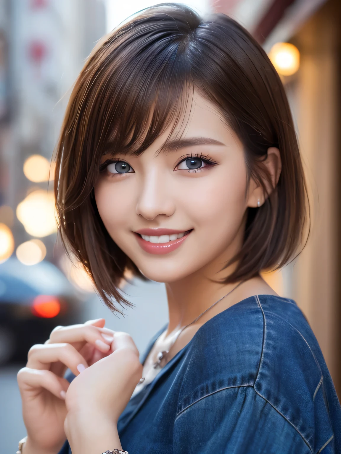 ((masterpiece)), ((best quality)), (ultra-detailed), ((kawaii)), cute, ((lovely)), (sexy), ((extremely detailed)), ((extremely detailed)), ((extremely detailed)), (detailed eyes), (detailed facial features), (detailed fingers), (detailed clothes features), 4K, (8K), (beautiful), illustration, (cowboy shot:1.3), city, town, a pretty woman, 1woman, 25 years old, japanese, (blouse:1.2), (beautiful deep brown hair:1.3), ((beautiful hair)), (short bob:1.3), beautiful blue eyes, ((beautiful eyes)), white teeth, (smile:1.3), shine with colored light, 