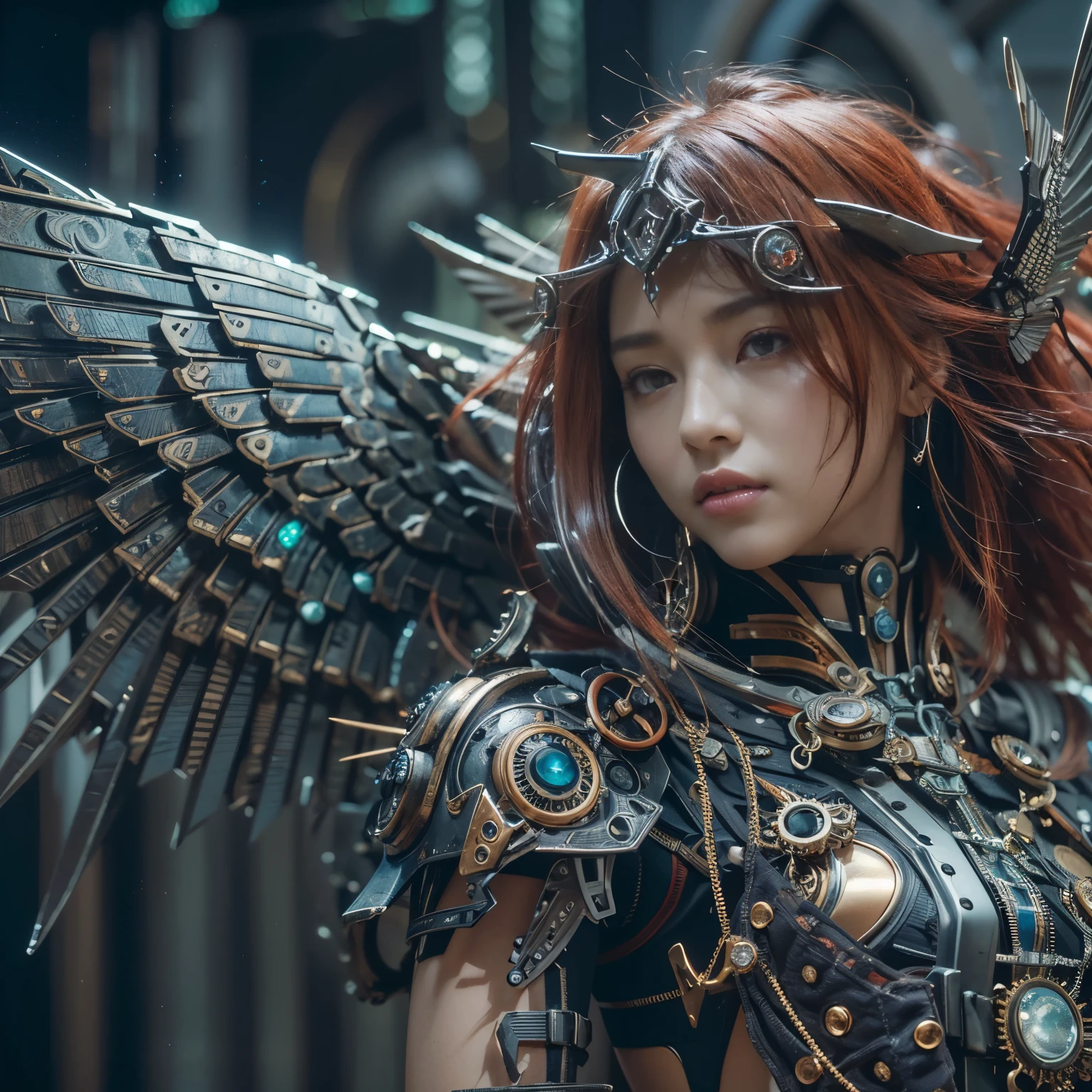 (top-quality:1.2, masterpiece)、ultra high resolution、extremely ultra surrealism, (Photorealsitic:1.4)、Raw photo、(Steampunk Battle Cyborg fallen angel)、large wings made of metal、black porcelain body、red hair、glowy skin、1 Cyborg girl、(mechanical frame:1.3)japanese, extremely cute face, ((super realistic details))、portrait、globalillumination、Shadow、octan render、8K、ultrasharp、character edge light、Details of complex ornaments、Acrylic Clear Cover、Sumerian details、Hydraulic cylinder、Small LED lamp、highly intricate detail、Realistic light、a purple eye、radiant eyes、Facing the camera、neon details、cowboy shot、Futuristic headgear、About Cyberpunk