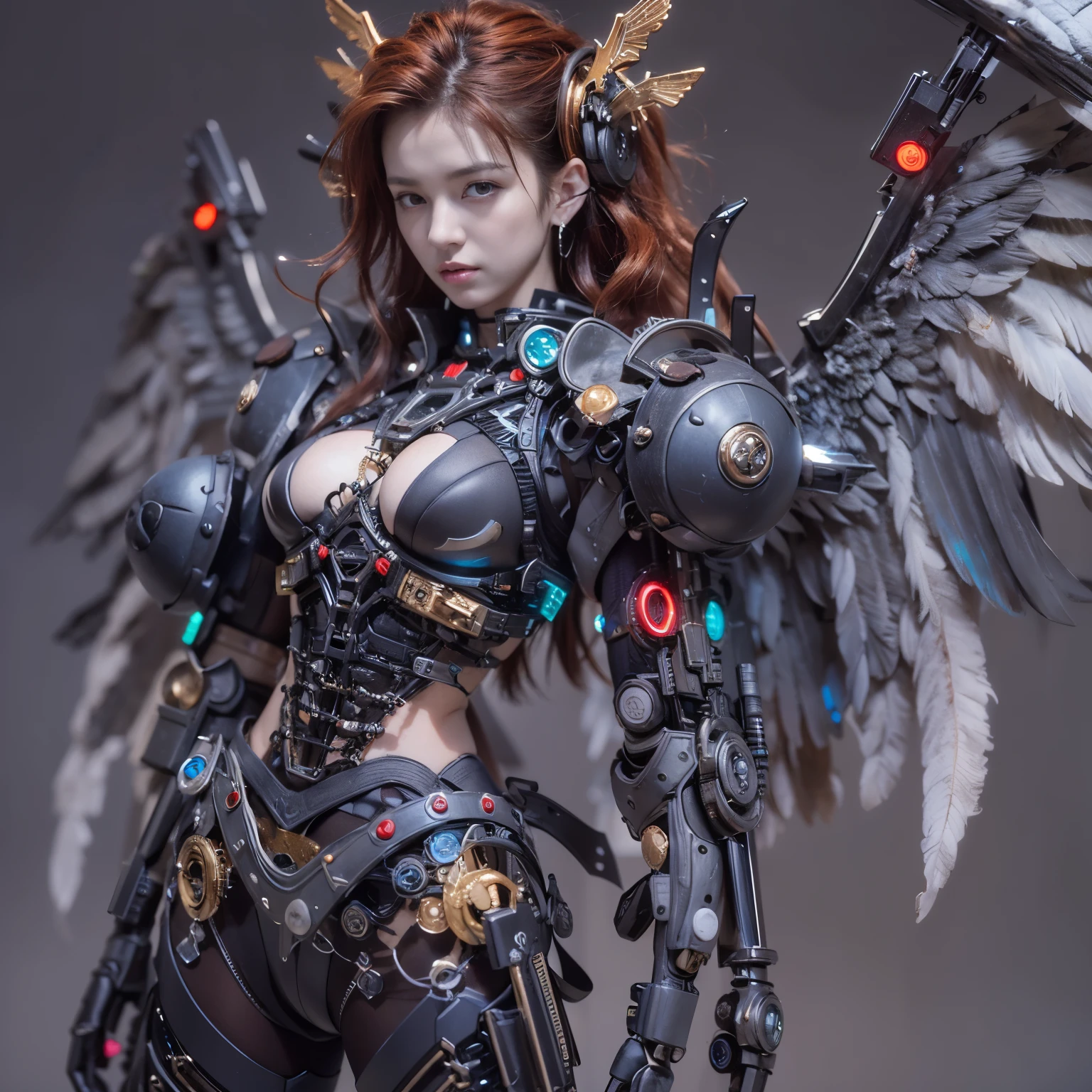 (top-quality:1.2, masterpiece)、ultra high resolution、extremely ultra surrealism, (Photorealsitic:1.4)、Raw photo、(Steampunk Battle Cyborg fallen angel)、large wings made of metal、black porcelain body、red  hair、glowy skin、1 Cyborg girl、(mechanical frame:1.3)japanese, extremely cute face,  ((super realistic details))、portrait、globalillumination、Shadow、octan render、8K、ultrasharp、character edge light、Details of complex ornaments、Acrylic Clear Cover、Sumerian details、Hydraulic cylinder、Small LED lamp、highly intricate detail、Realistic light、a purple eye、radiant eyes、Facing the camera、neon details、cowboy  shot、Futuristic headgear、About Cyberpunk